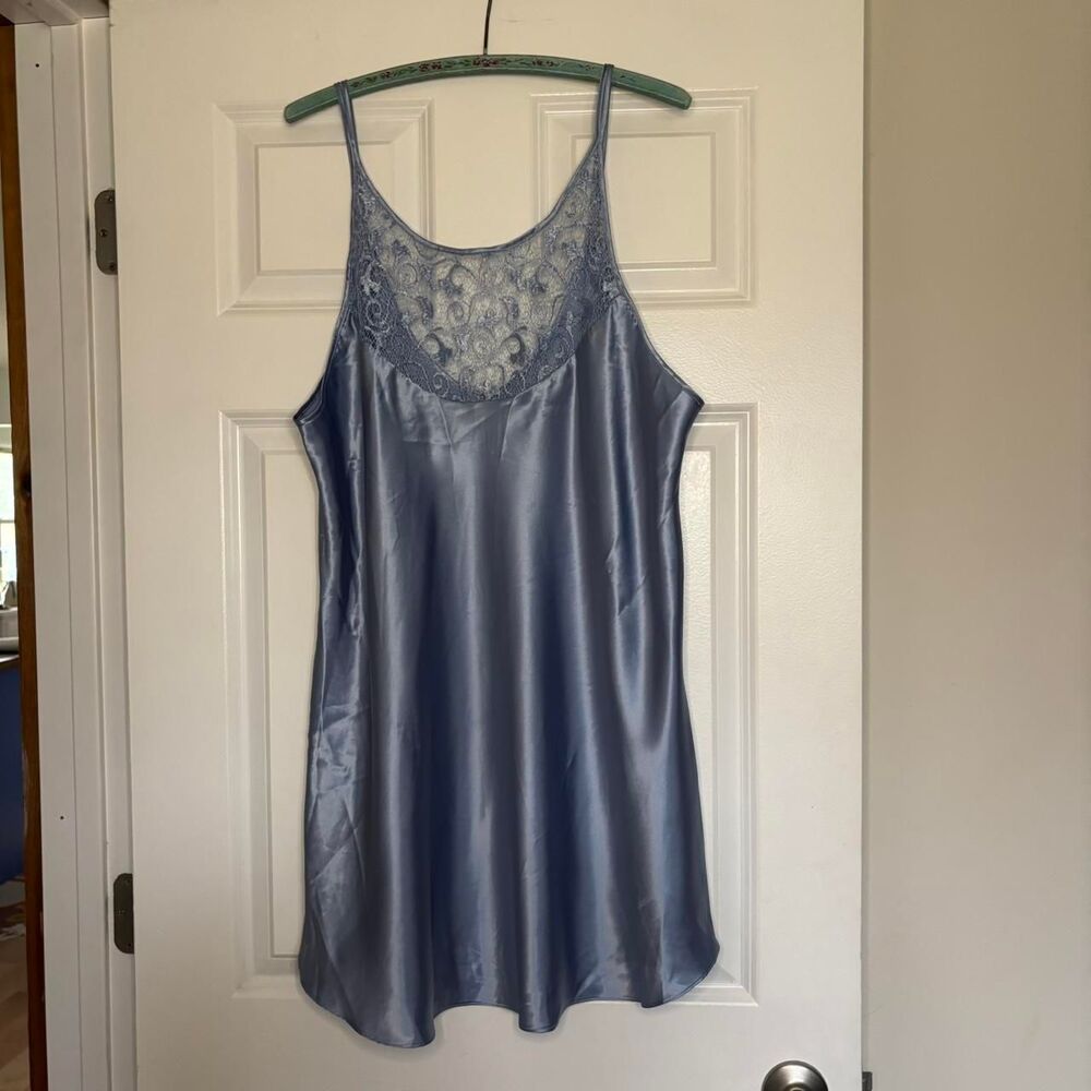 Vintage 90s Plus Size Blue Satin Slip Dress Lace Secret Treasures Sz 2XL